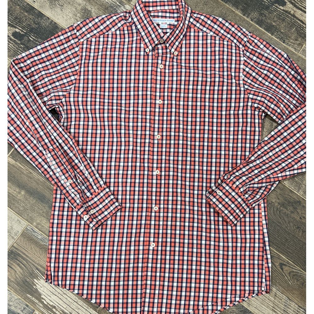 Southern Tide Men's Plaid Classic Fit Long Sleeve Shirt Coral Pink White Medium